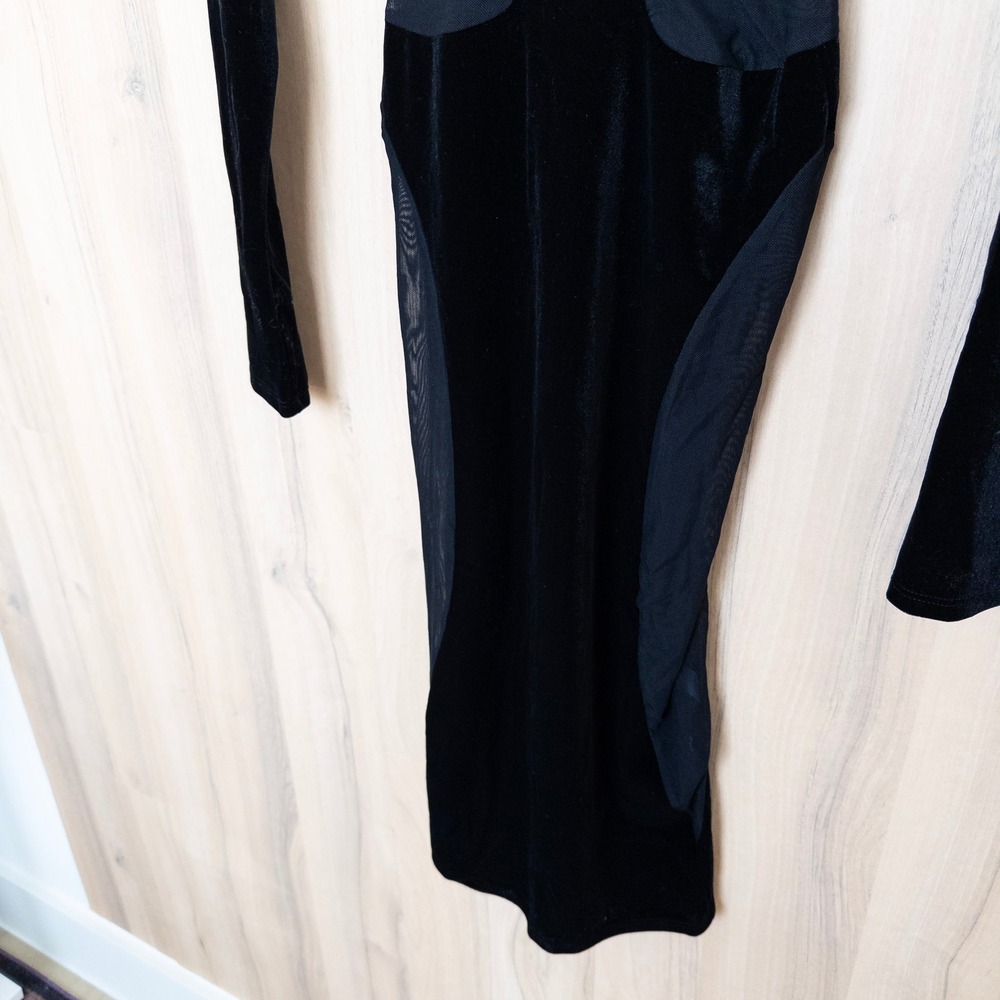 Naked Wardrobe Womens Velvet Bodycon Midi Dress S Black Mesh Long Sleeve Edgy - Picture 5 of 9
